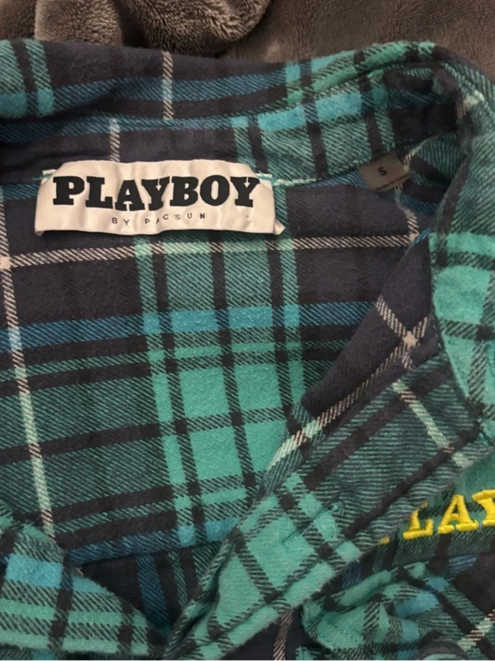 π3 for $10π Playboy x Pacsun Blue and Green Flannel Shirt - Picture 3 of 4
